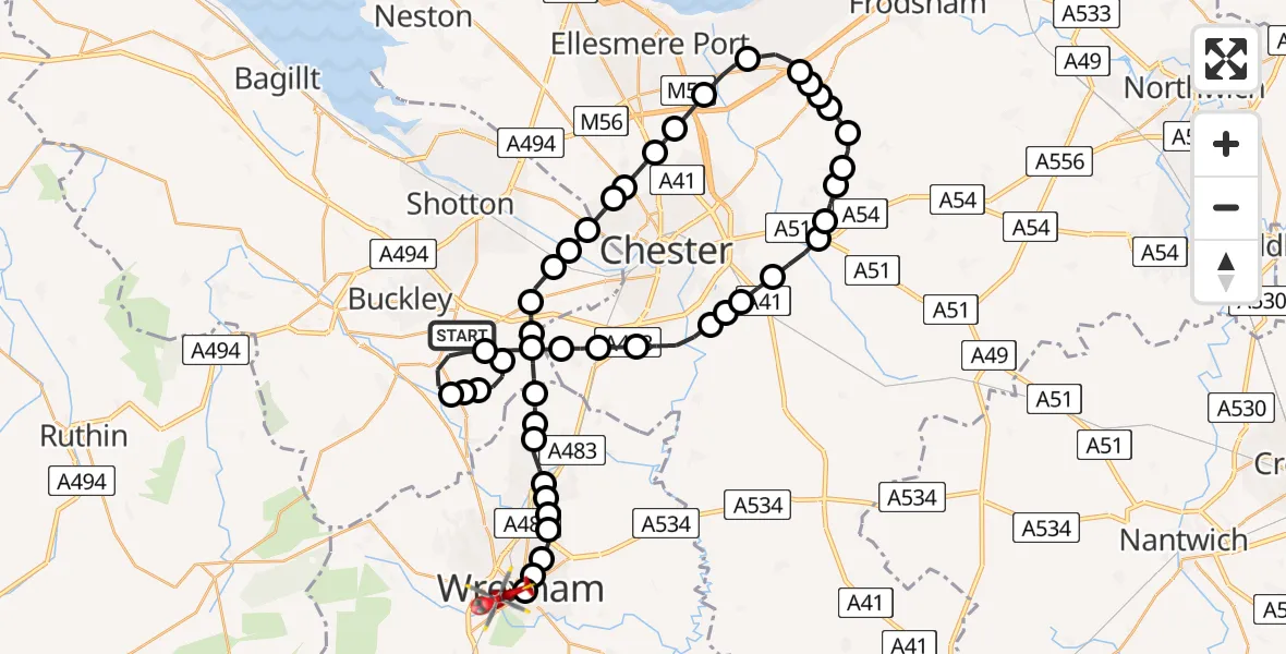 Routekaart van de vlucht: Air Ambulance Helicopter to Wrexham, Ruthin Road