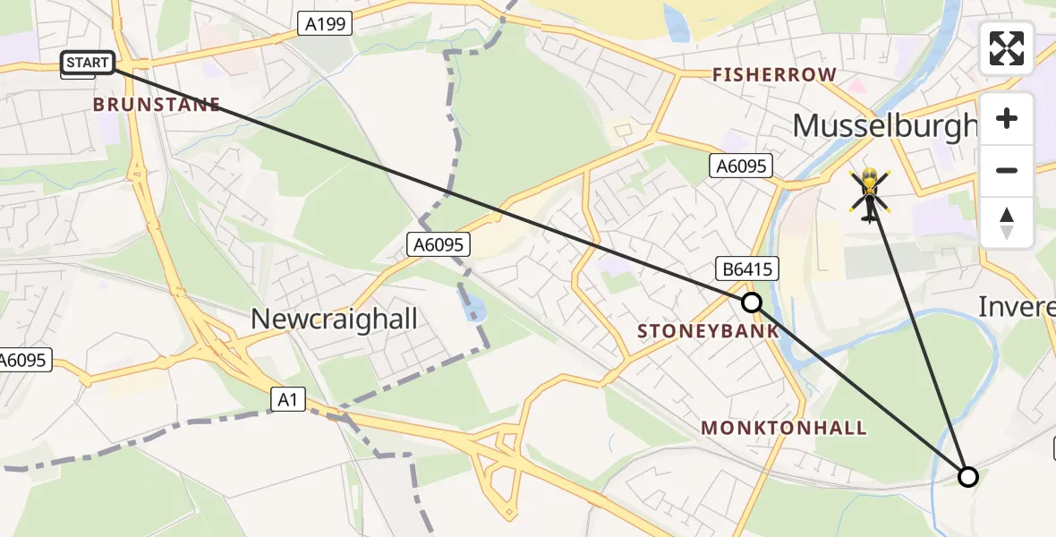 Flight route map: Police Helicopter to Musselburgh, Inveresk Road