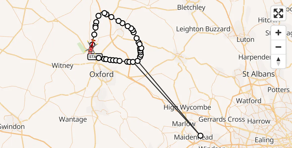 Routekaart van de vlucht: Air Ambulance Helicopter to Shipton-on-Cherwell, Bunkers Hill