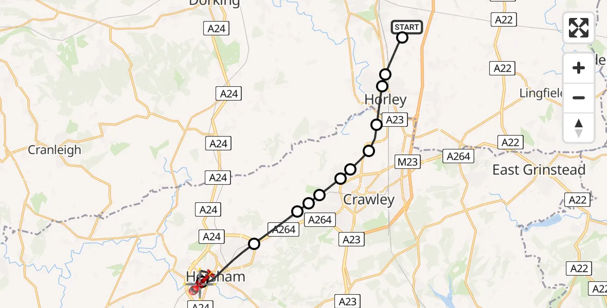 Flight route map: Air Ambulance Helicopter to Wickhurst Green, Granary Way