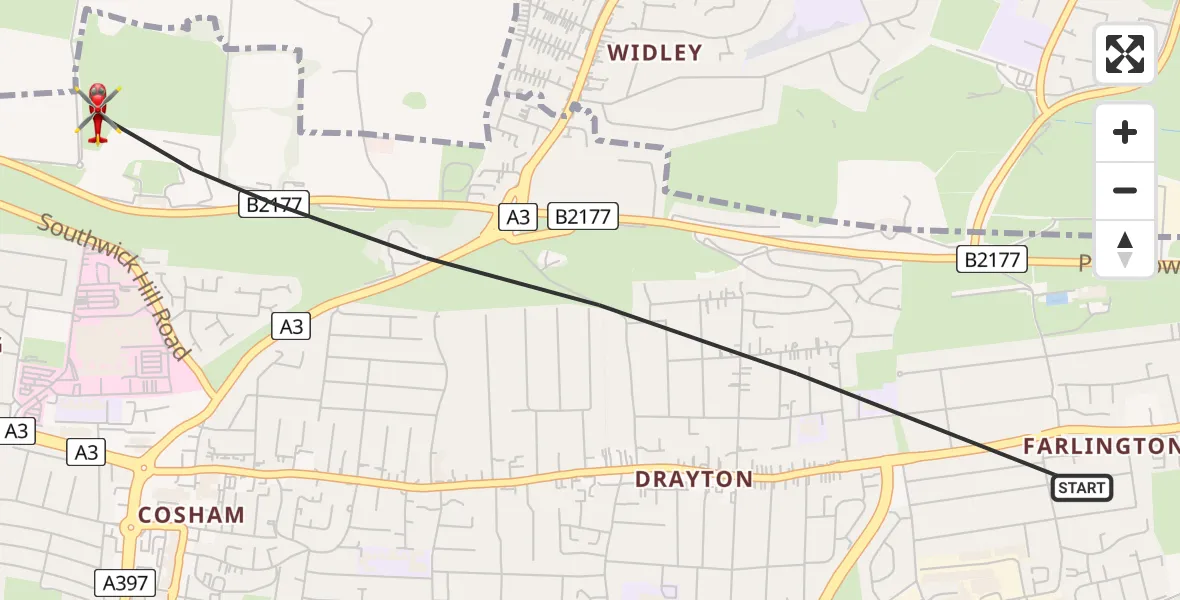 Routekaart van de vlucht: Air Ambulance Helicopter to Portsmouth, Portsdown Hill Road