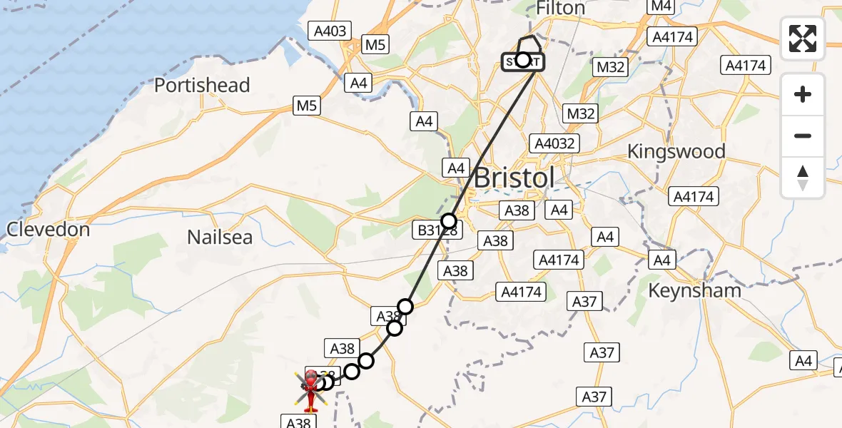 Flight route map: Air Ambulance Helicopter to Bristol Airport, Bristol Airport