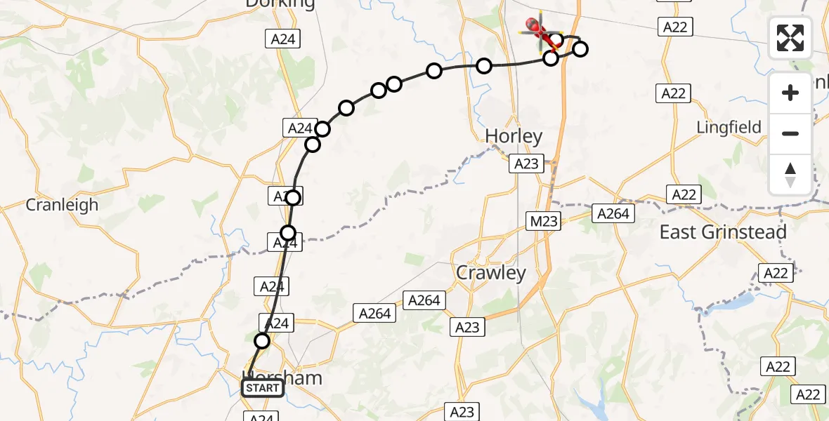 Routekaart van de vlucht: Air Ambulance Helicopter to Redhill Aerodrome, Redhill Aerodrome