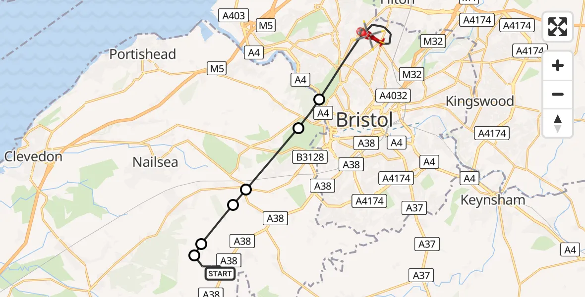 Flight route map: Air Ambulance Helicopter to Bristol, Southmead Road