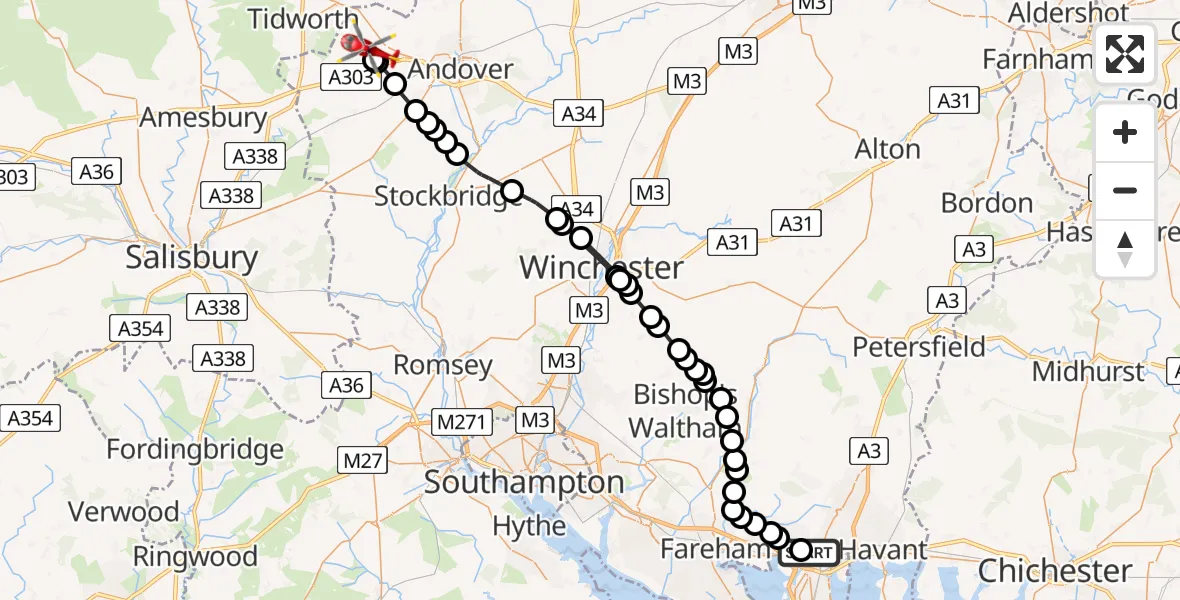 Flight route map: Air Ambulance Helicopter to Fyfield, Dark Lane