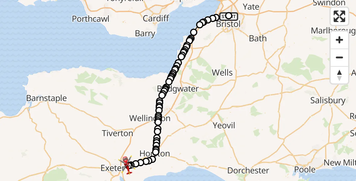 Flight route map: Air Ambulance Helicopter to Exeter International Airport, Exeter International Airport
