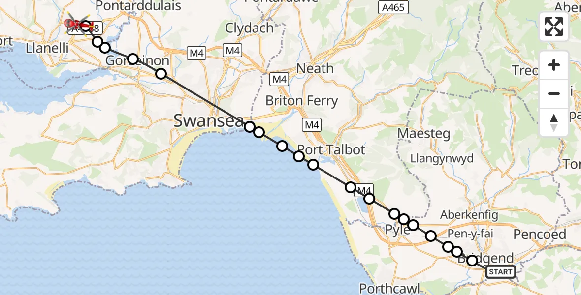 Routekaart van de vlucht: Air Ambulance Helicopter to Dafen, Heol Aur