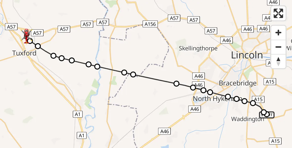 Flight route map: Air Ambulance Helicopter to East Markham, Mark Lane