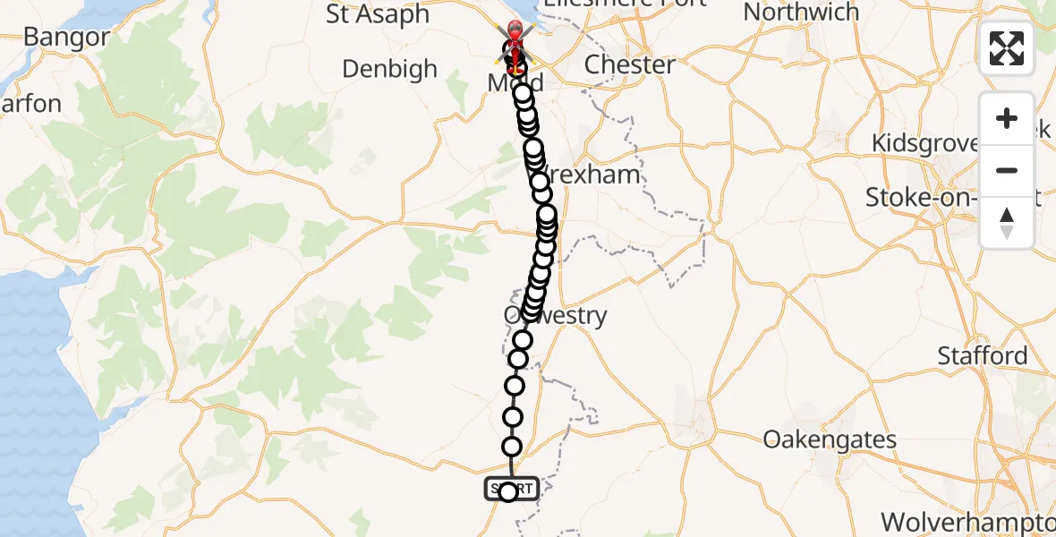 Flight route map: Air Ambulance Helicopter to Northop, Maes Celyn