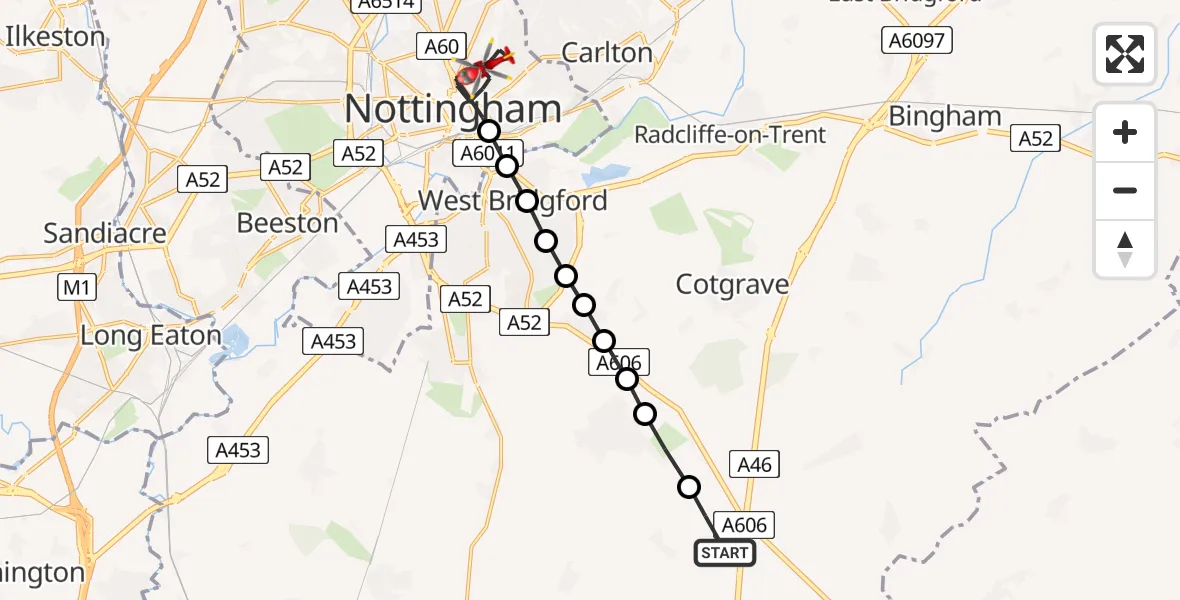Flight route map: Air Ambulance Helicopter to City of Nottingham, Dickinson Street