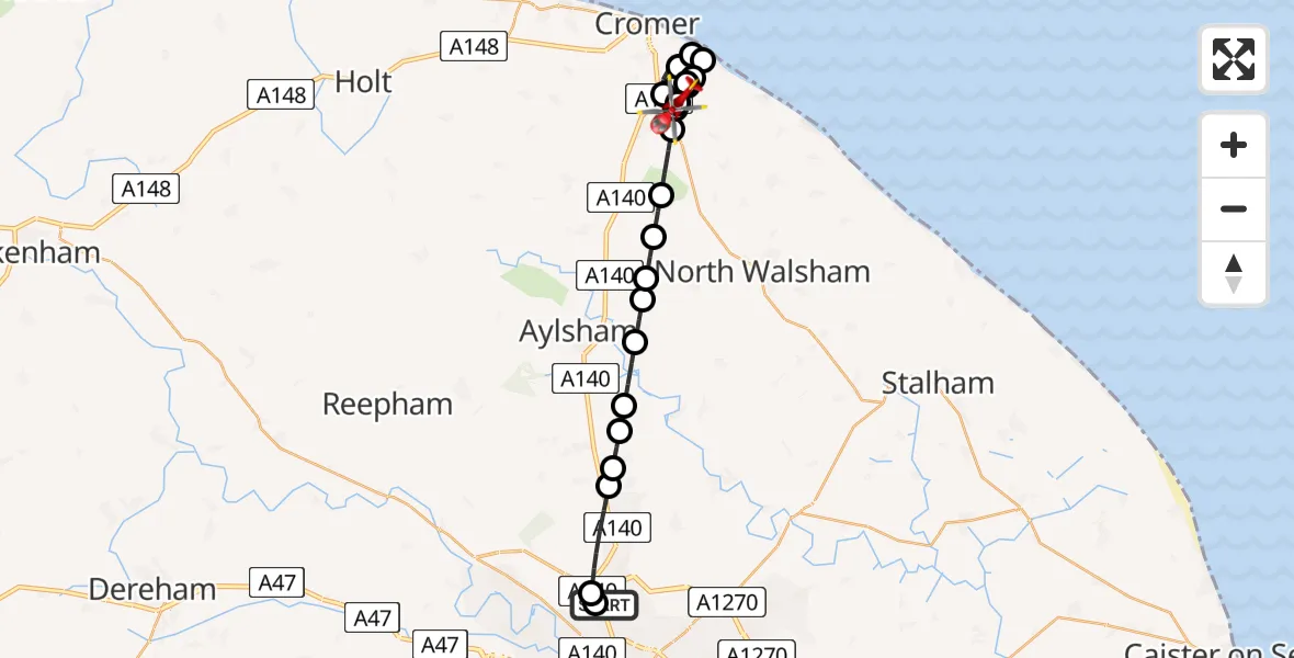 Flight route map: Air Ambulance Helicopter to Northrepps Aerodrome, Northrepps Aerodrome