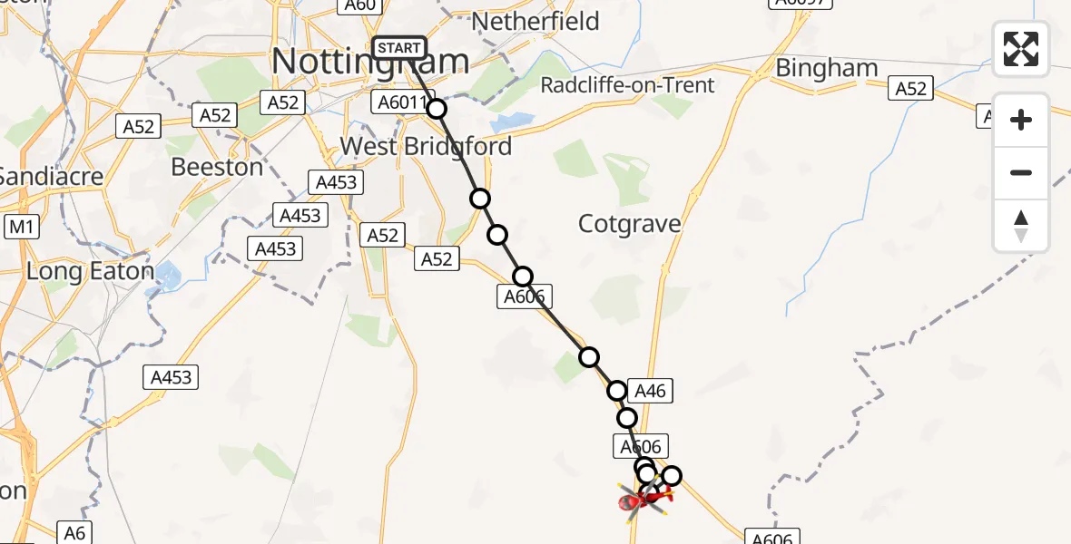 Flight route map: Air Ambulance Helicopter to Nottingham Heliport, Nottingham Heliport