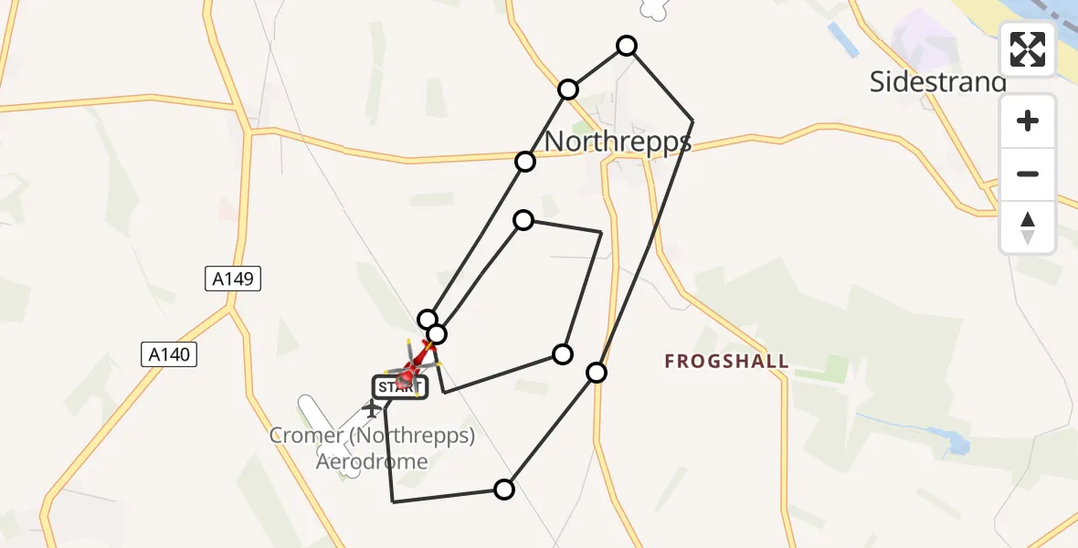 Flight route map: Air Ambulance Helicopter to Northrepps Aerodrome, Northrepps Aerodrome