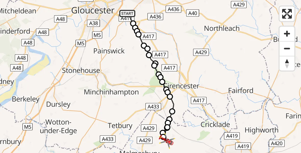 Routekaart van de vlucht: Air Ambulance Helicopter to Hankerton, Hankerton Road