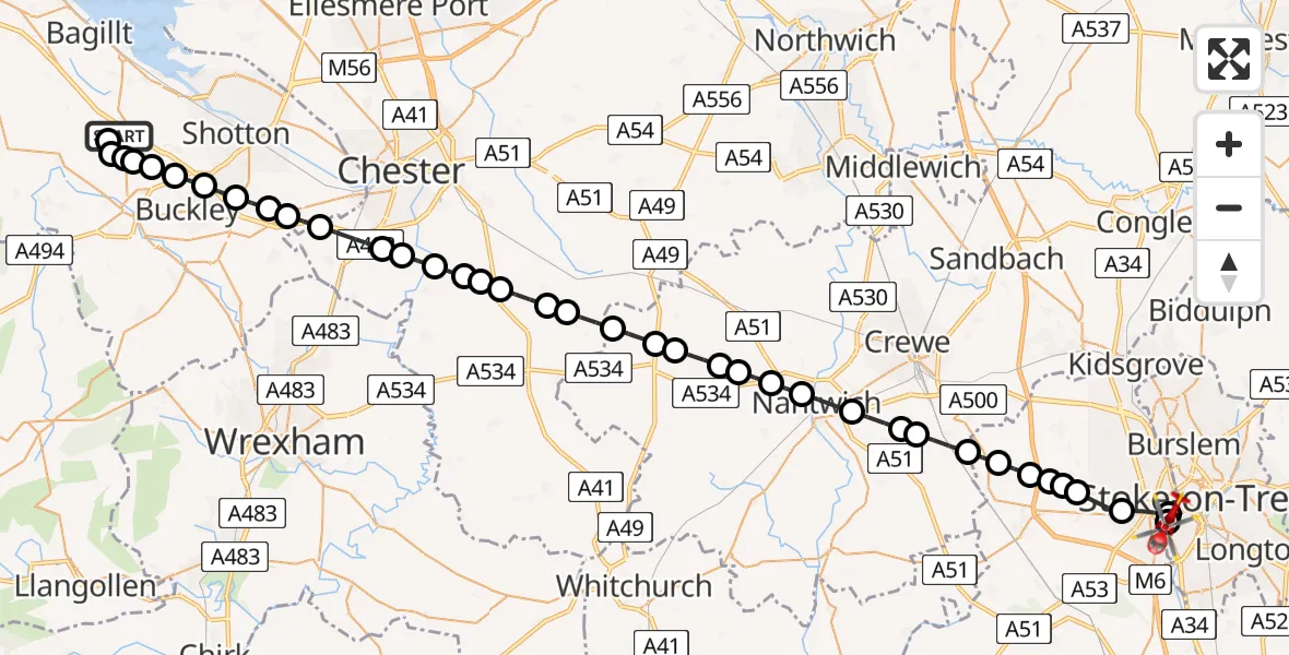 Flight route map: Air Ambulance Helicopter to University Hospital North Staffs, University Hospital North Staffs