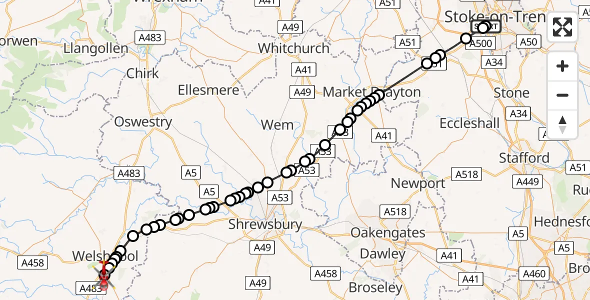 Flight route map: Air Ambulance Helicopter to Welshpool Airport, Welshpool Airport
