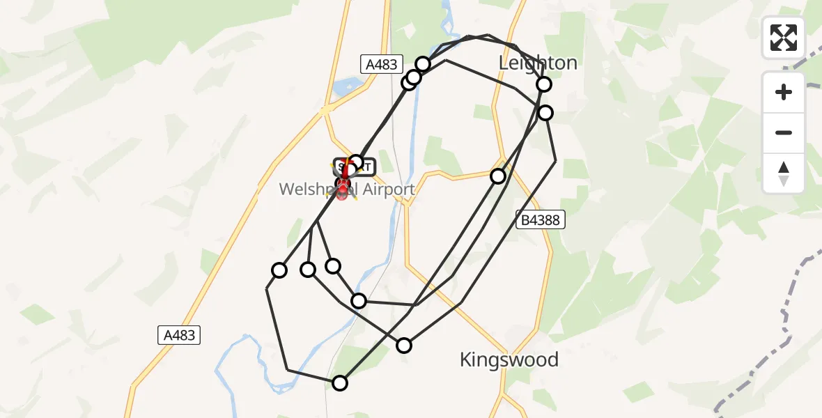 Flight route map: Air Ambulance Helicopter to Welshpool Airport, Welshpool Airport