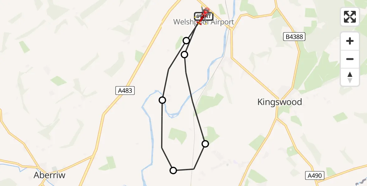 Flight route map: Air Ambulance Helicopter to Welshpool Airport, Welshpool Airport