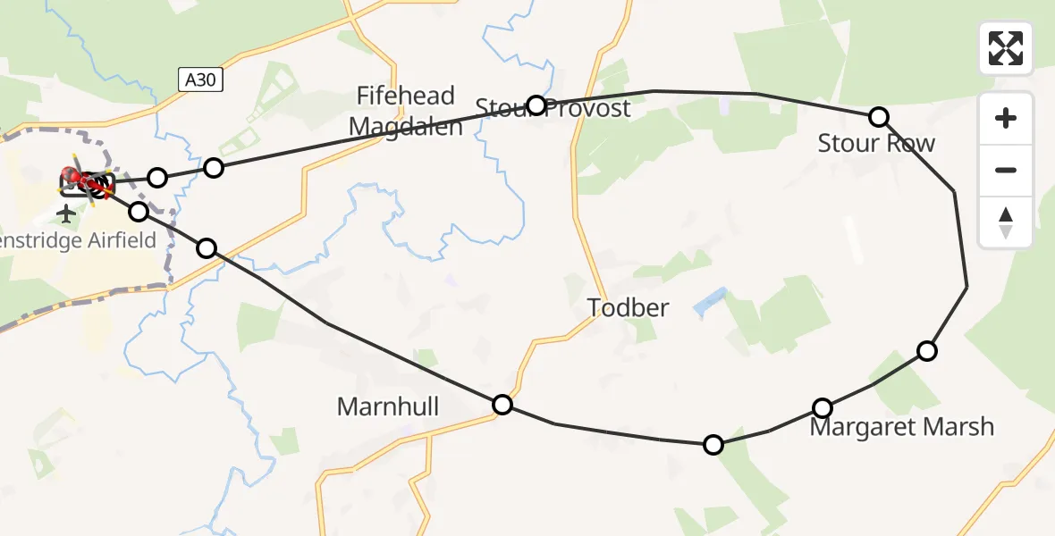 Flight route map: Air Ambulance Helicopter to Henstridge Airfield, Henstridge Airfield