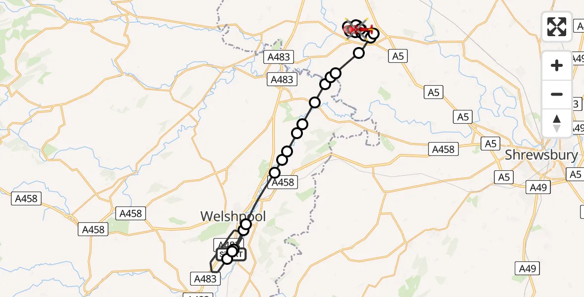 Flight route map: Air Ambulance Helicopter to Sandford Hall Airstrip, Sandford Hall Airstrip
