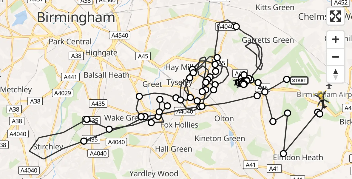 Flight route map: Police Helicopter to Bickenhill, Centro Way