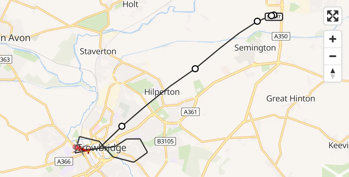 Flight route map: Air Ambulance Helicopter to Trowbridge, Linden Place