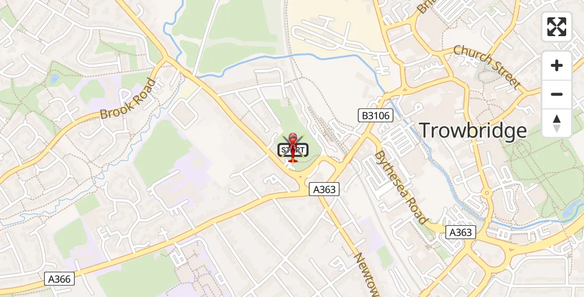 Flight route map: Air Ambulance Helicopter to Trowbridge, Linden Place