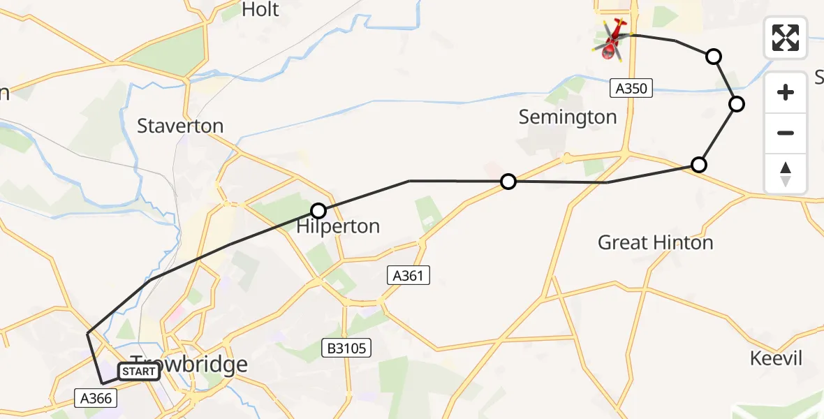 Flight route map: Air Ambulance Helicopter to Wiltshire Air Ambulance, Wiltshire Air Ambulance