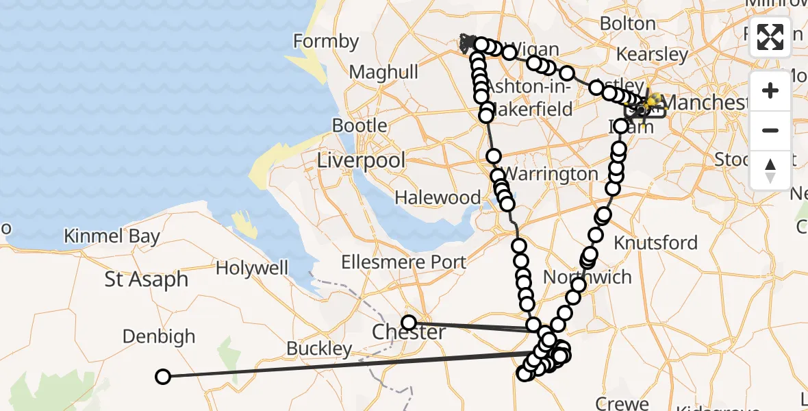 Flight path map showing Police Helicopter route from Manchester Barton Aerodrome to Manchester Barton Aerodrome