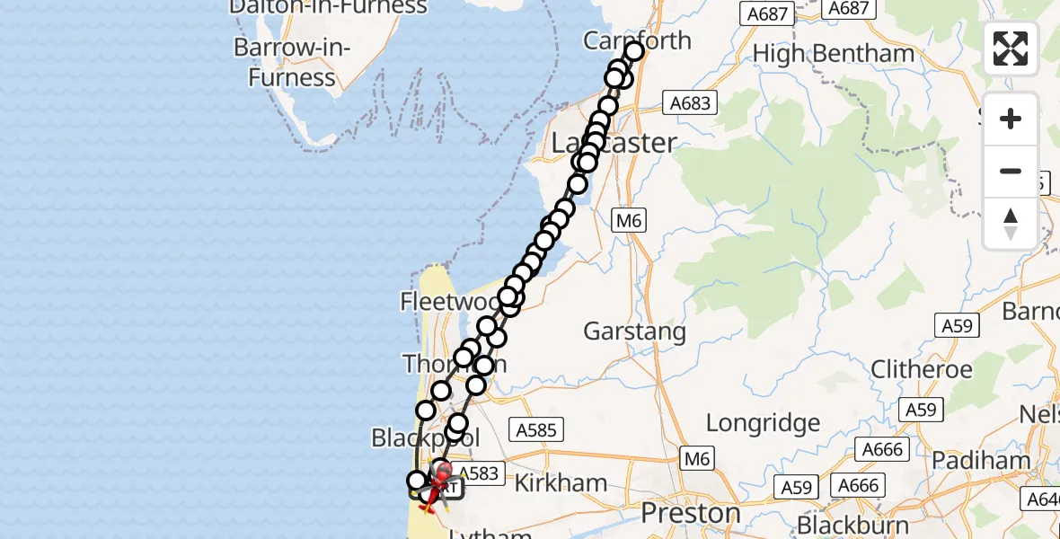 Flight route map: Air Ambulance Helicopter to Blackpool Airport, Blackpool Airport