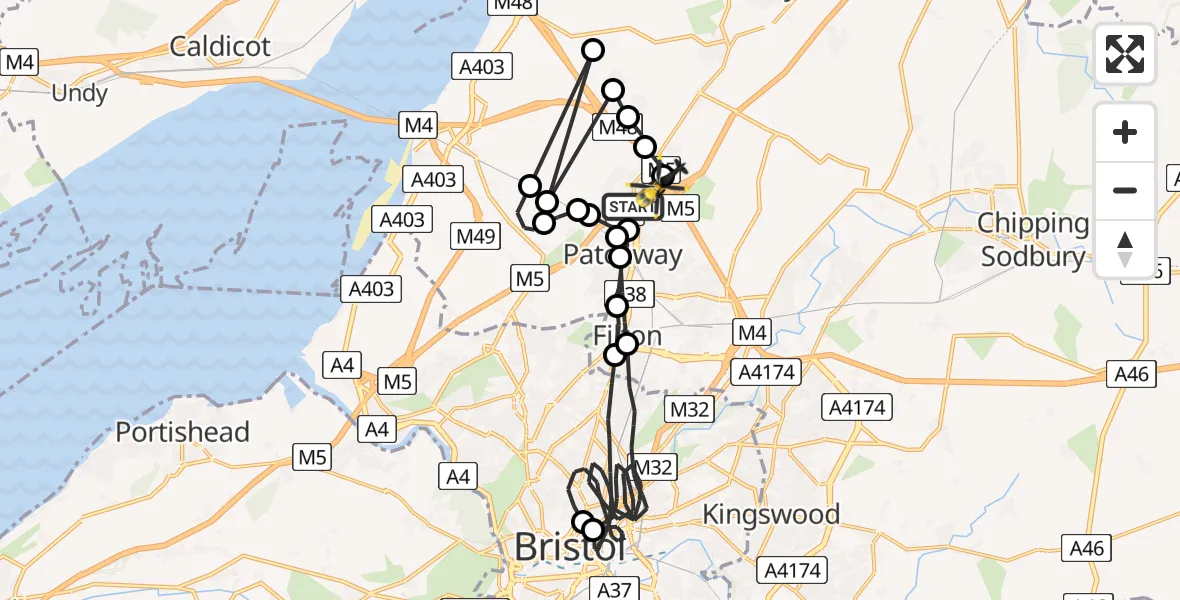 Flight route map: Police Helicopter to Almondsbury Helicopter Base, Almondsbury Helicopter Base