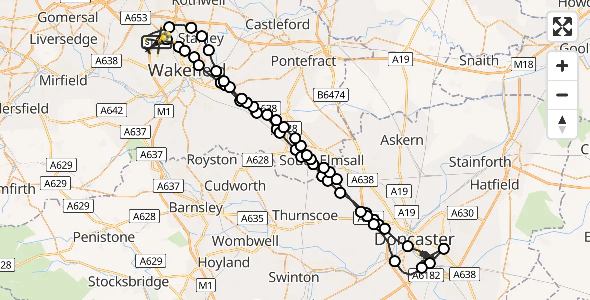 Flight path map showing Police Helicopter route from East Ardsley to East Ardsley