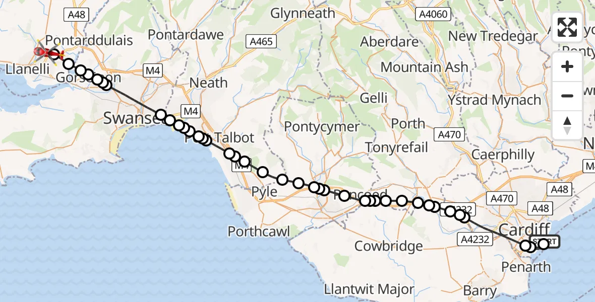 Flight route map: Air Ambulance Helicopter to Dafen, Heol Aur