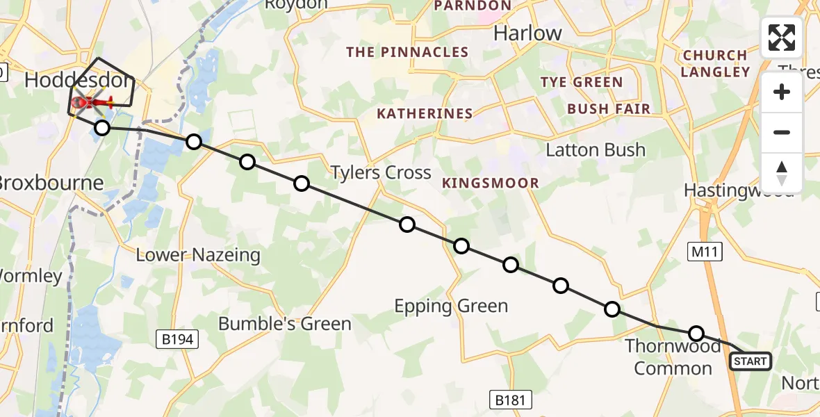 Flight route map: Air Ambulance Helicopter to Hoddesdon, Riversmead