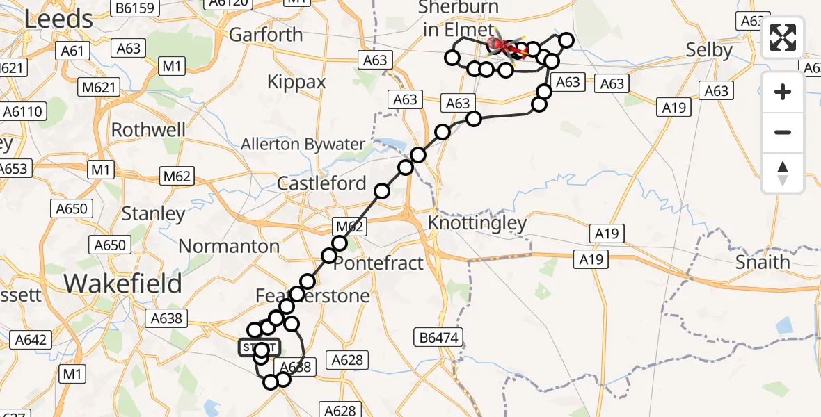 Flight route map: Air Ambulance Helicopter to Sherburn-in-Elmet Airfield, Sherburn-in-Elmet Airfield