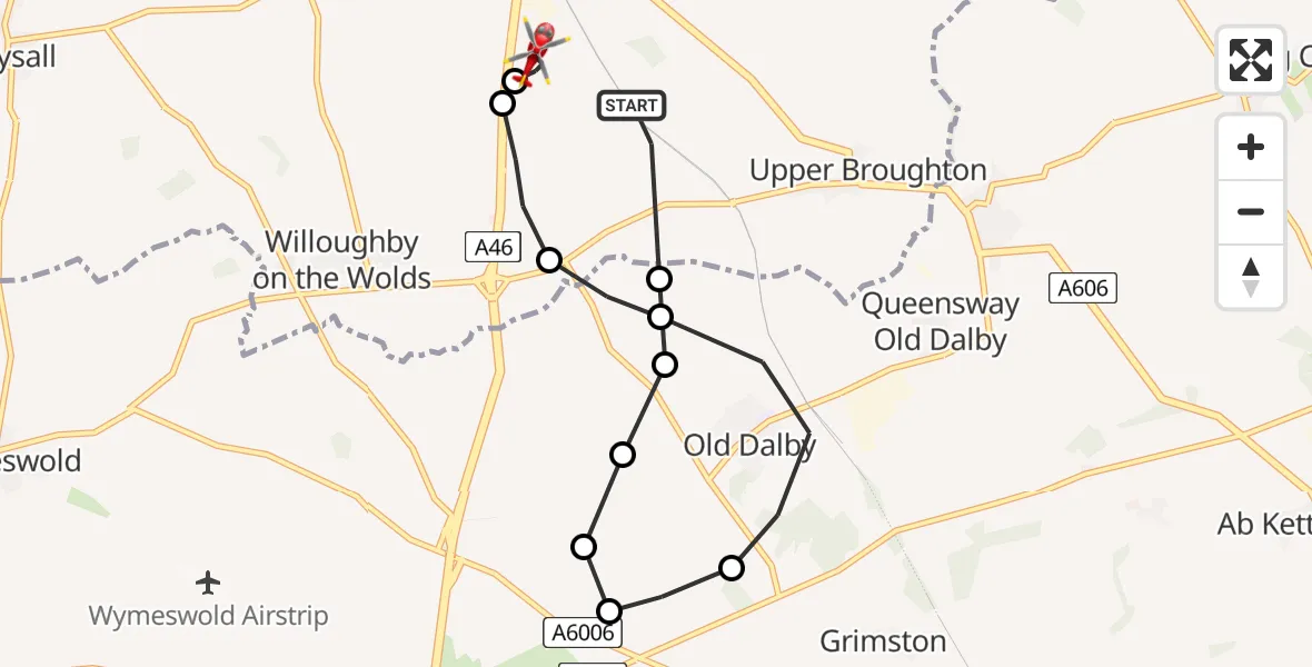 Flight route map: Air Ambulance Helicopter to Nottingham Heliport, Nottingham Heliport