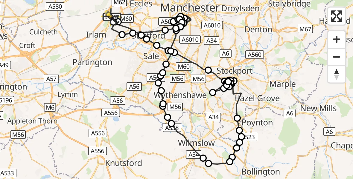 Flight path map showing Police Helicopter route from Manchester Barton Aerodrome to Manchester Barton Aerodrome