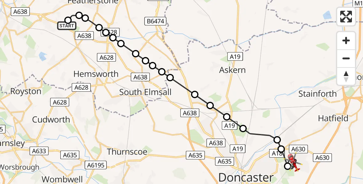 Flight route map: Air Ambulance Helicopter to Armthorpe, Barton Lane