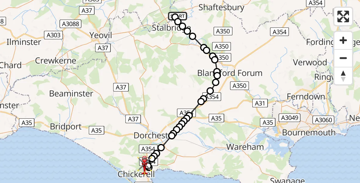 Flight route map: Air Ambulance Helicopter to Nottington, Nottington Lane