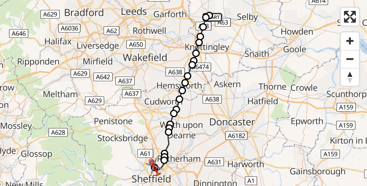 Flight route map: Air Ambulance Helicopter to Sheffield Northern Hospital, Sheffield Northern Hospital