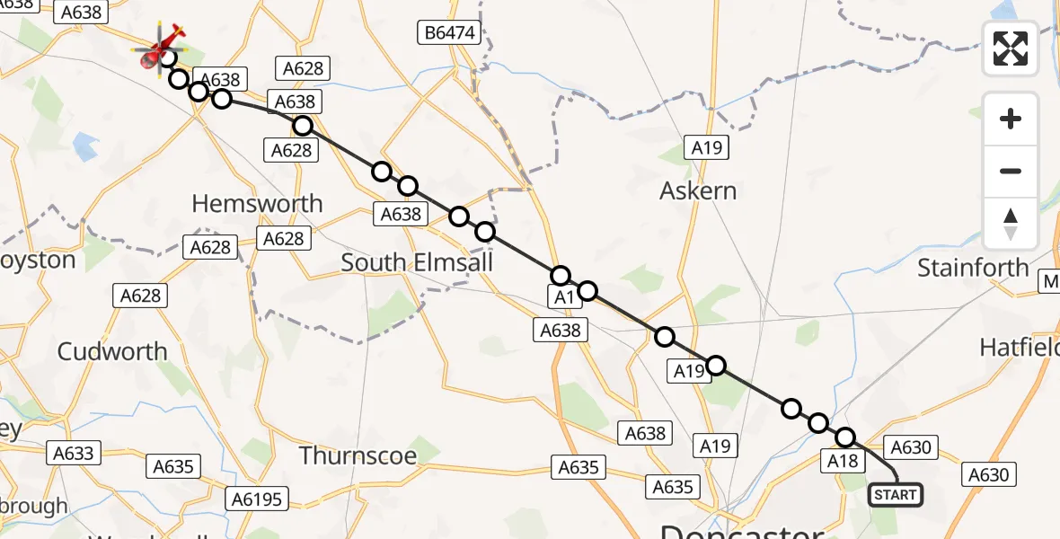 Routekaart van de vlucht: Air Ambulance Helicopter to YAA Nostell Helicopter Port, YAA Nostell Helicopter Port