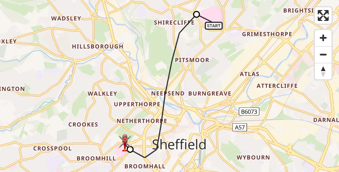 Flight route map: Air Ambulance Helicopter to Sheffield Childrens Hospital, Sheffield Childrens Hospital