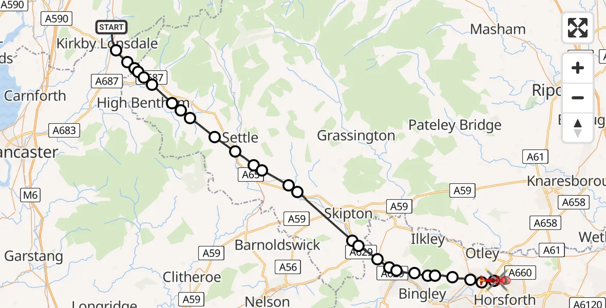 Flight route map: Air Ambulance Helicopter to Leeds Bradford Airport, Leeds Bradford Airport