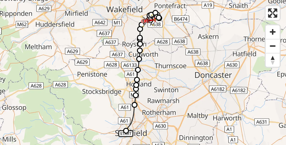 Flight route map: Air Ambulance Helicopter to YAA Nostell Helicopter Port, YAA Nostell Helicopter Port