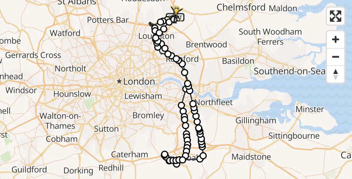 Flight route map: Police Helicopter to North Weald Bassett, Epping Road