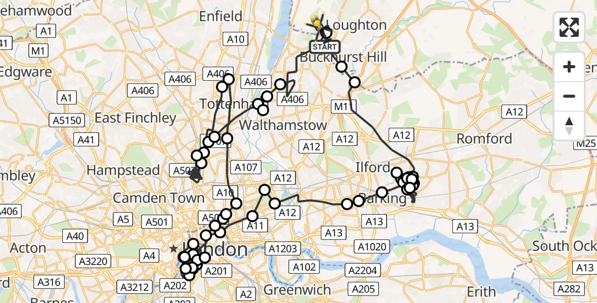 Flight route map: Police Helicopter to Sewardstonebury, Main path