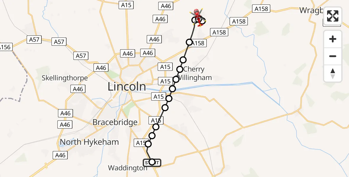 Flight route map: Air Ambulance Helicopter to Scothern, Sudbrooke Road