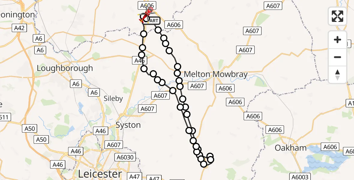 Flight route map: Air Ambulance Helicopter to Nottingham Heliport, Nottingham Heliport