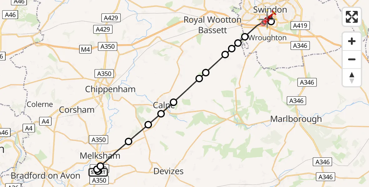 Flight route map: Air Ambulance Helicopter to Swindon, The Mall