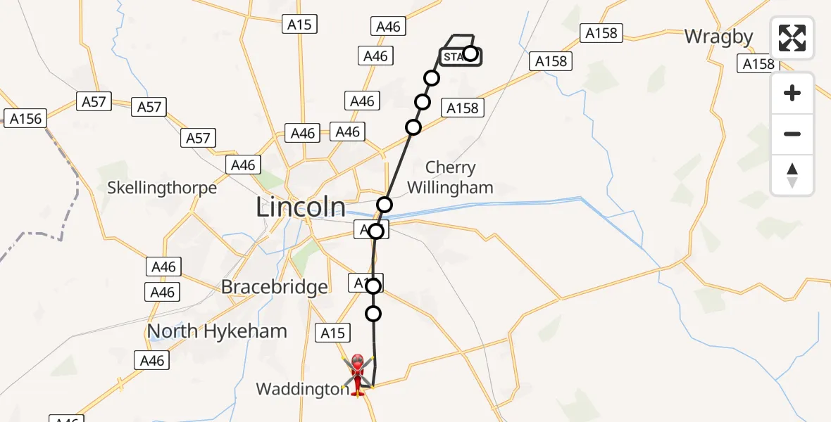 Routekaart van de vlucht: Air Ambulance Helicopter to North Kesteven, Sleaford Road